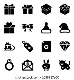 Solid vector icon set - gift vector, bow, christmas hat, sleigh, medical label, certificate, diamond, ring, mail dollar, toy rabbit, cat