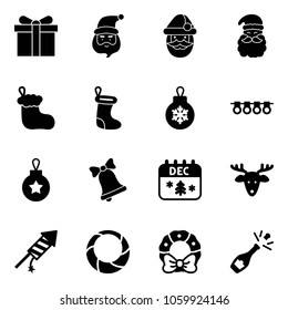 Solid vector icon set - gift vector, santa claus, christmas sock, ball, garland, bell, calendar, deer, firework rocket, wreath, champagne