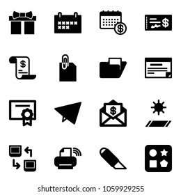 Solid vector icon set - gift vector, schedule, calendar, check, account history, attachment, folder, certificate, paper fly, mail dollar, mat, data exchange, printer wireless, work knife