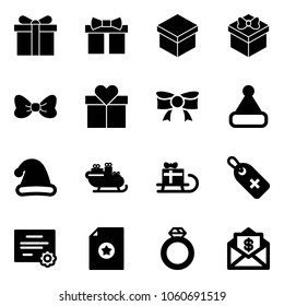 Solid vector icon set - gift vector, bow, christmas hat, santa sleigh, medical label, certificate, diamond ring, mail dollar