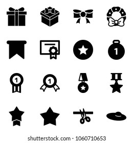 Solid vector icon set - gift vector, bow, christmas wreath, flag, certificate, star medal, gold, opening, woman hat