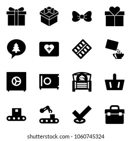 Solid vector icon set - gift vector, bow, merry christmas message, first aid kit, pills blister, cereal, safe, money chest, basket, conveyor, check, tool box