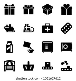 Solid vector icon set - gift vector, santa sleigh, doctor bag, pills blister, milk, cereal, safe, money chest, basket, conveyor