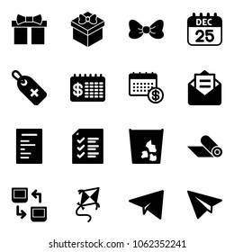 Solid vector icon set - gift vector, bow, 25 dec calendar, medical label, finance, opened mail, document, list, garbage, mat, data exchange, kite, paper plane