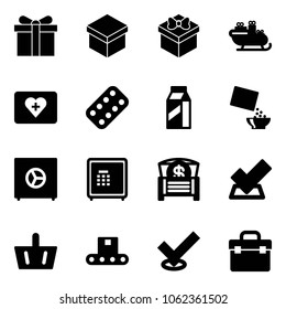 Solid vector icon set - gift vector, santa sleigh, first aid kit, pills blister, milk, cereal, safe, money chest, check, basket, conveyor, tool box