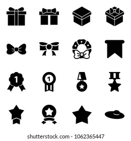 Solid vector icon set - gift vector, bow, christmas wreath, flag, gold medal, star, woman hat