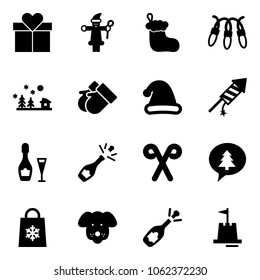 Solid vector icon set - gift vector, santa claus, christmas sock, garland, landscape, gloves, hat, firework rocket, wine, champagne, stick, merry message, shop bag snowflake, dog, fizz opening