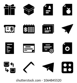 Solid vector icon set - gift vector, patient card, diet list, receipt, finance calendar, statistics report, paper plane, document, schedule, certificate, data exchange, staple, cube hole toy