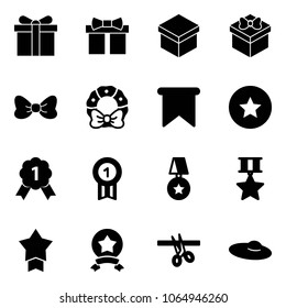 Solid vector icon set - gift vector, bow, christmas wreath, flag, star medal, gold, opening, woman hat