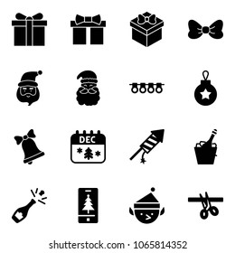 Solid vector icon set - gift vector, bow, santa claus, garland, christmas ball, bell, calendar, firework rocket, champagne, mobile, elf, opening