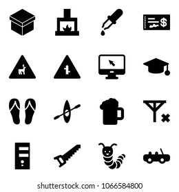 Solid vector icon set - gift vector, fireplace, pipette, check, wild animals road sign, intersection, monitor cursor, graduate hat, flip flops, kayak, beer, no signal, server, saw, toy caterpillar