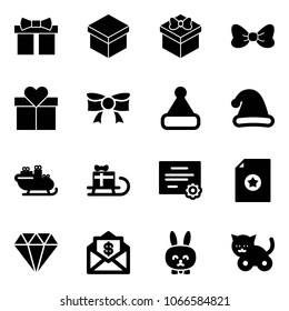 Solid vector icon set - gift vector, bow, christmas hat, santa sleigh, certificate, diamond, mail dollar, toy rabbit, cat