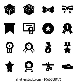 Solid vector icon set - gift vector, bow, flag, certificate, star medal, gold, opening, woman hat