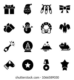 Solid vector icon set - gift vector, santa claus, garland, bow, gloves, snowman, christmas wreath, angel, champagne, snowball tree, mountains, sleigh, dog, star medal