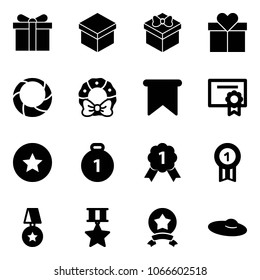 Solid vector icon set - gift vector, christmas wreath, flag, certificate, star medal, gold, woman hat