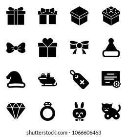 Solid vector icon set - gift vector, bow, christmas hat, santa sleigh, medical label, certificate, diamond, ring, toy rabbit, cat