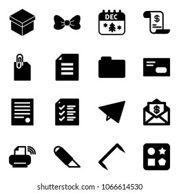 Solid vector icon set - gift vector, bow, christmas calendar, account history, attachment, document, folder, envelope, agreement, list, paper fly, mail dollar, printer wireless, work knife, staple