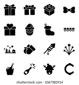 Solid vector icon set - gift vector, bow, santa claus, christmas sock, garland, landscape, gloves, firework rocket, champagne, deer hat, cent