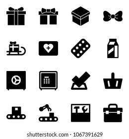 Solid vector icon set - gift vector, bow, sleigh, first aid kit, pills blister, milk, safe, check, basket, conveyor, tool box