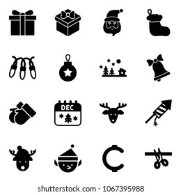 Solid vector icon set - gift vector, santa claus, christmas sock, garland, ball, landscape, bell, gloves, calendar, deer, firework rocket, hat, elf, cent, opening