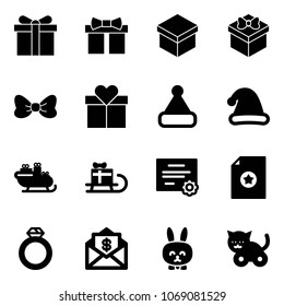 Solid vector icon set - gift vector, bow, christmas hat, santa sleigh, certificate, diamond ring, mail dollar, toy rabbit, cat