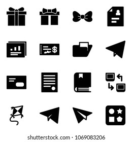 Solid vector icon set - gift vector, bow, patient card, statistics report, check, folder, paper fly, envelope, agreement, book, data exchange, kite, plane, cube hole toy