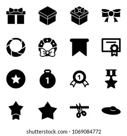 Solid vector icon set - gift vector, bow, christmas wreath, flag, certificate, star medal, gold, opening, woman hat