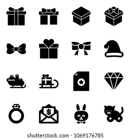 Solid vector icon set - gift vector, bow, christmas hat, santa sleigh, certificate, diamond, ring, mail dollar, toy rabbit, cat