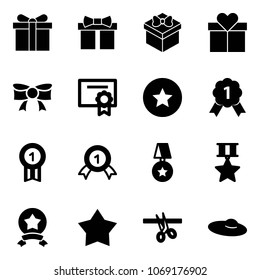 Solid vector icon set - gift vector, bow, certificate, star medal, gold, opening, woman hat