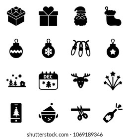 Solid vector icon set - gift vector, santa claus, christmas sock, ball, garland, landscape, calendar, deer, firework, mobile, elf, opening, fizz