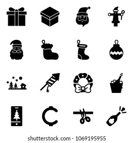 Solid vector icon set - gift vector, santa claus, christmas sock, ball, landscape, firework rocket, wreath, champagne, mobile, cent, opening, fizz