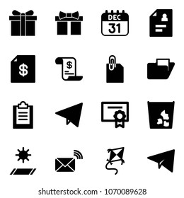 Solid vector icon set - gift vector, 31 dec calendar, patient card, account statement, history, attachment, folder, clipboard, paper fly, certificate, garbage, mat, wireless mail, kite, plane