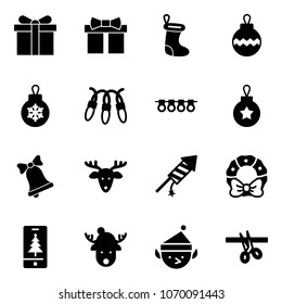 Solid vector icon set - gift vector, christmas sock, ball, garland, bell, deer, firework rocket, wreath, mobile, hat, elf, opening