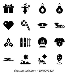 Solid vector icon set - gift vector, santa claus, christmas ball, heart, lollipop, candy, sleigh, holly, ski, snowball tree, dog, swimming, reading, beach, balloon smile