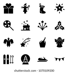 Solid vector icon set - gift vector, santa claus, christmas sock, star, lollipop, house, firework, holly, angel, falling, champagne, ski, snowball tree, snowmobile, flag garland