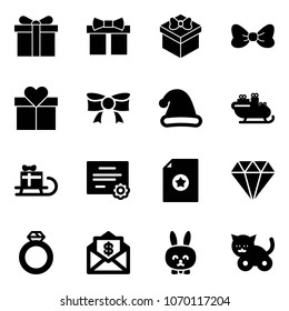 Solid vector icon set - gift vector, bow, christmas hat, santa sleigh, certificate, diamond, ring, mail dollar, toy rabbit, cat