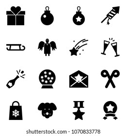 Solid vector icon set - gift vector, christmas ball, firework rocket, sleigh, angel, falling star, wine glasses, champagne, snowball, letter, santa stick, shop bag snowflake, dog, medal