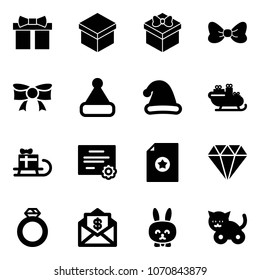 Solid vector icon set - gift vector, bow, christmas hat, santa sleigh, certificate, diamond, ring, mail dollar, toy rabbit, cat