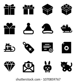 Solid vector icon set - gift vector, christmas hat, santa sleigh, medical label, certificate, diamond, mail dollar, toy rabbit, cat