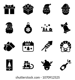 Solid vector icon set - gift vector, santa claus, christmas ball, landscape, bell, gloves, calendar, firework rocket, wreath, mobile, sleigh, deer hat, fizz opening