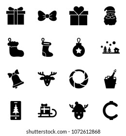 Solid vector icon set - gift vector, bow, santa claus, christmas sock, ball, landscape, bell, deer, wreath, champagne, mobile, sleigh, hat, cent