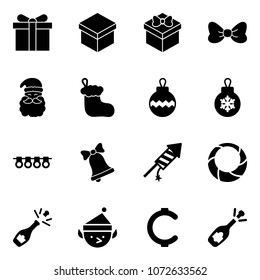 Solid vector icon set - gift vector, bow, santa claus, christmas sock, ball, garland, bell, firework rocket, wreath, champagne, elf, cent, fizz opening