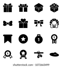 Solid vector icon set - gift vector, bow, christmas wreath, flag, star medal, gold, opening, woman hat