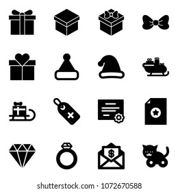 Solid vector icon set - gift vector, bow, christmas hat, santa sleigh, medical label, certificate, diamond, ring, mail dollar, toy cat