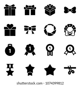 Solid vector icon set - gift vector, bow, christmas wreath, gold medal, star, opening