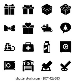 Solid vector icon set - gift vector, bow, santa sleigh, merry christmas message, doctor bag, milk, safe, money chest, check
