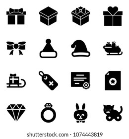 Solid vector icon set - gift vector, bow, christmas hat, santa sleigh, medical label, certificate, diamond, ring, toy rabbit, cat