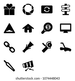 Solid vector icon set - gift vector, christmas wreath, card exchange, road signpost sign, artificial unevenness, home, search money, monitor, link, dowel, Angular grinder, lawn mower, forceps