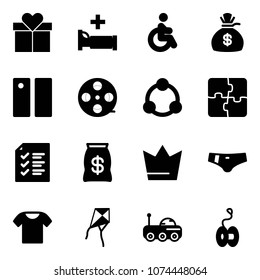 Solid vector icon set - gift vector, hospital bed, disabled, money bag, pause, film coil, community, puzzle, list, crown, swimsuit, t shirt, kite, moon rover, yoyo