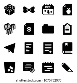 Solid vector icon set - gift vector, bow, christmas calendar, diet list, big cash, account statement, folder, clipboard, paper fly, document, agreement, book, garbage, certificate, terms plan